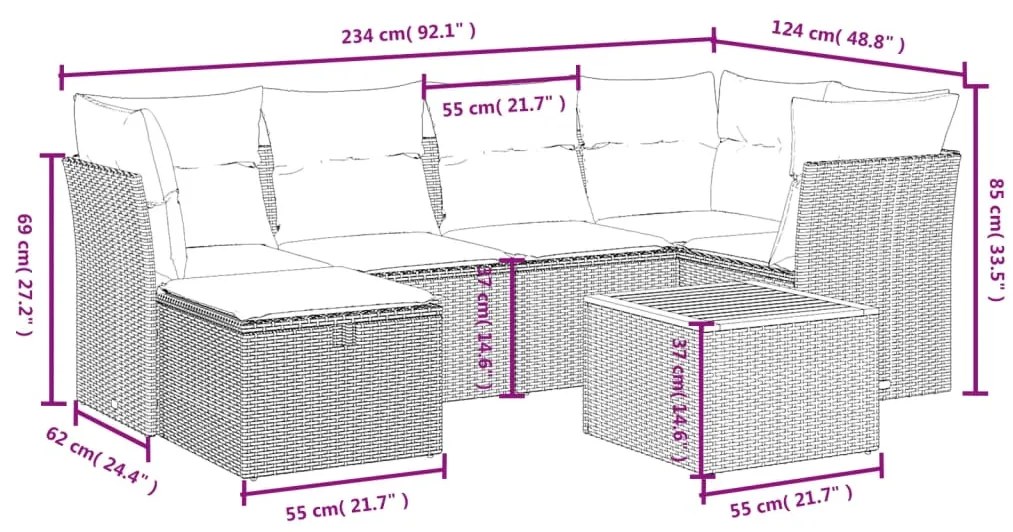 7 pcs conjunto sofás p/ jardim c/ almofadões vime PE cinzento