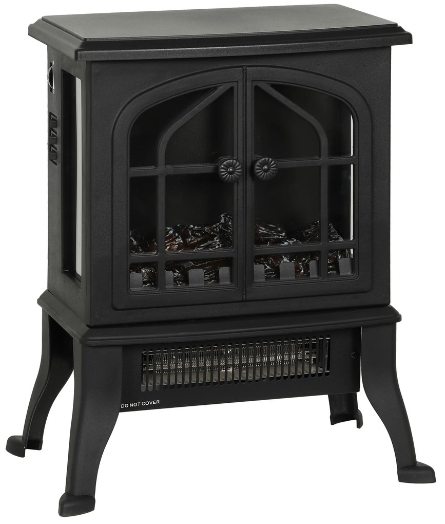 Lareira Elétrica 900/1800W 39x24x48 cm com Efeito Chama 3D 2 Níveis de Potência Termóstato Ajustável  para 15-30 ㎡  Preto