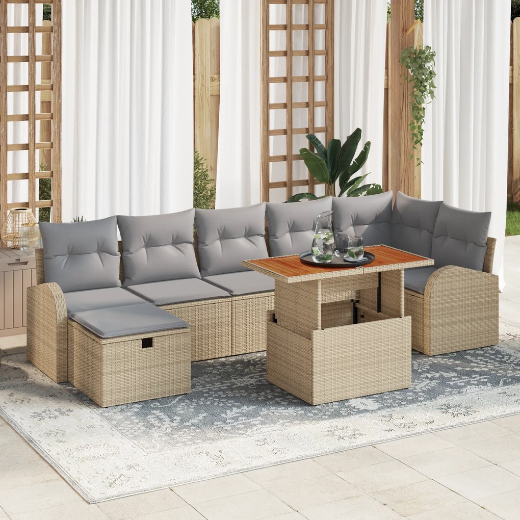Conjunto de Sofá de Jardim de 8 Peças com Almofadas Bege Vime PE