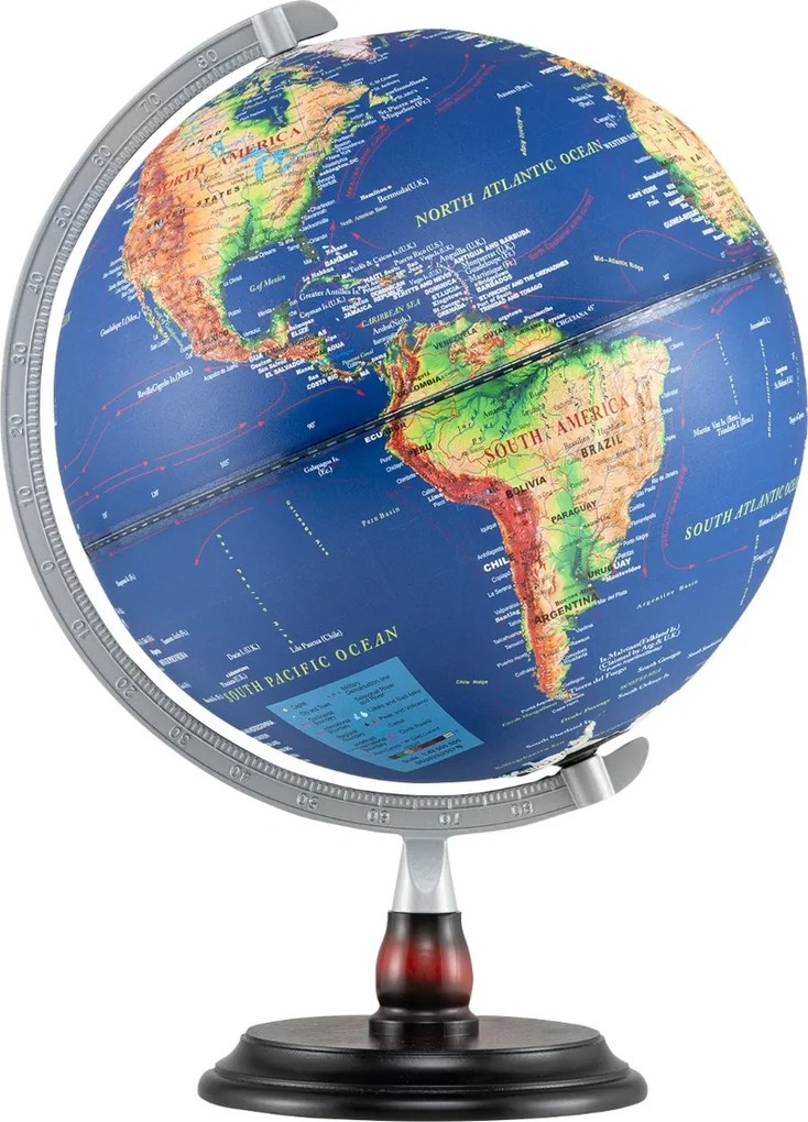 Globo Terrestre 32 x 32 x 45 cm Iluminado Lámpada de Noite com Suporte de Madeira e Mapa Transparente para Crianças e Adultos Azul