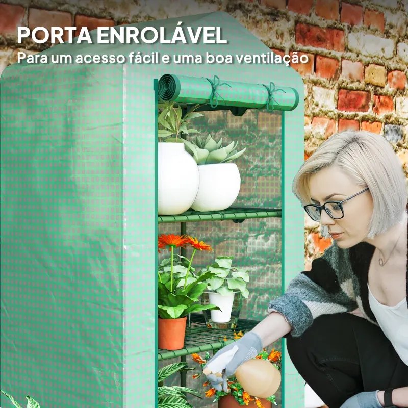 Estufa de Jardim de 3 Níveis Porta Enrolável Estrutura Metálica Cobertura de PE Anti-UV 69x49x125 cm Verde