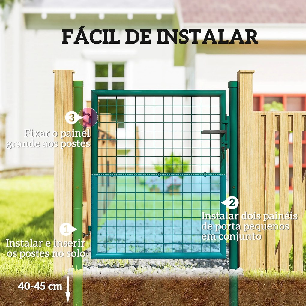 Portão de Jardim 97x150 cm para Vedação de Barra de Aço com Puxador Fechadura e 3 Chaves para Exterior Pátio Verde