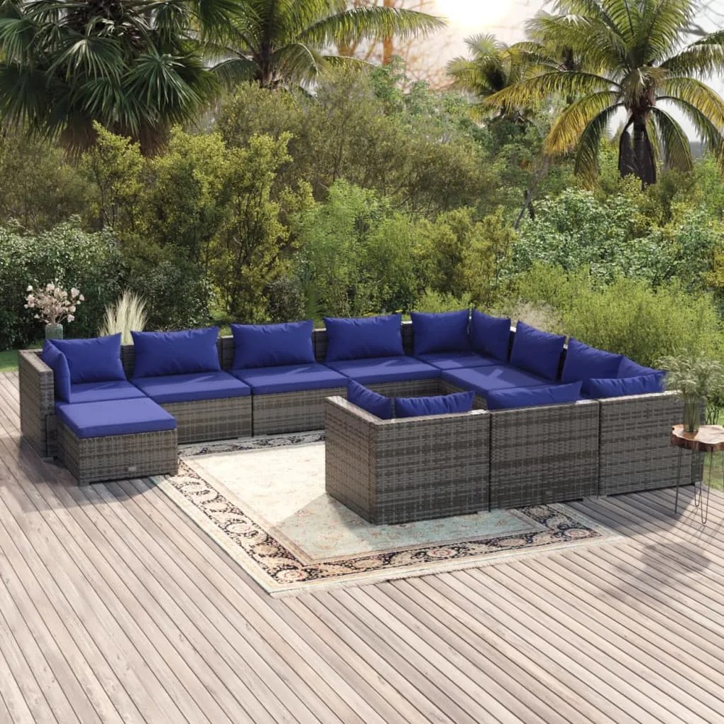 vidaXL 11 pcs conjunto lounge de jardim c/ almofadões vime PE cinzento