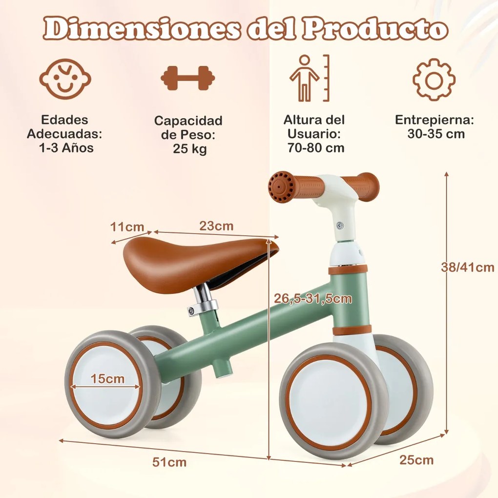 Bicicleta de equilíbrio para bebés de 1 a 3 anos com guiador e assento ajustáveis Brinquedo sem pedais para passear Verde