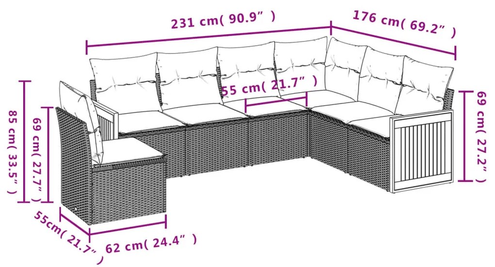 6 pcs conjunto de sofás p/ jardim com almofadões vime PE bege