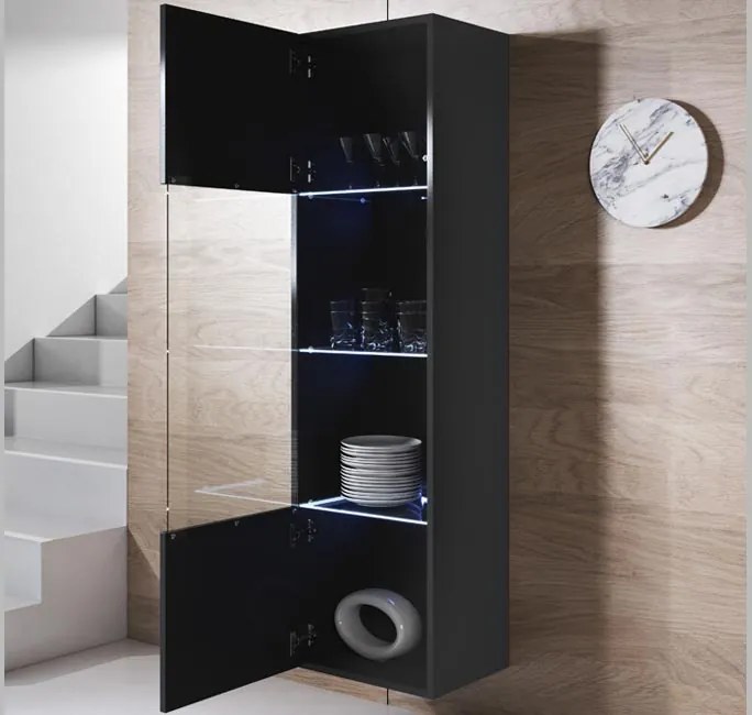 Vitrine Suspensa Leiko – Preto – 40x29x165 cm – 1 Porta com LED Azul e