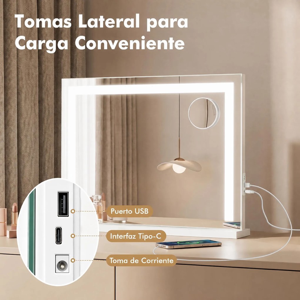 Espelho de Maquilhagem, 58 x 10 x 43 cm, Luz LED de 3 Cores, Branco