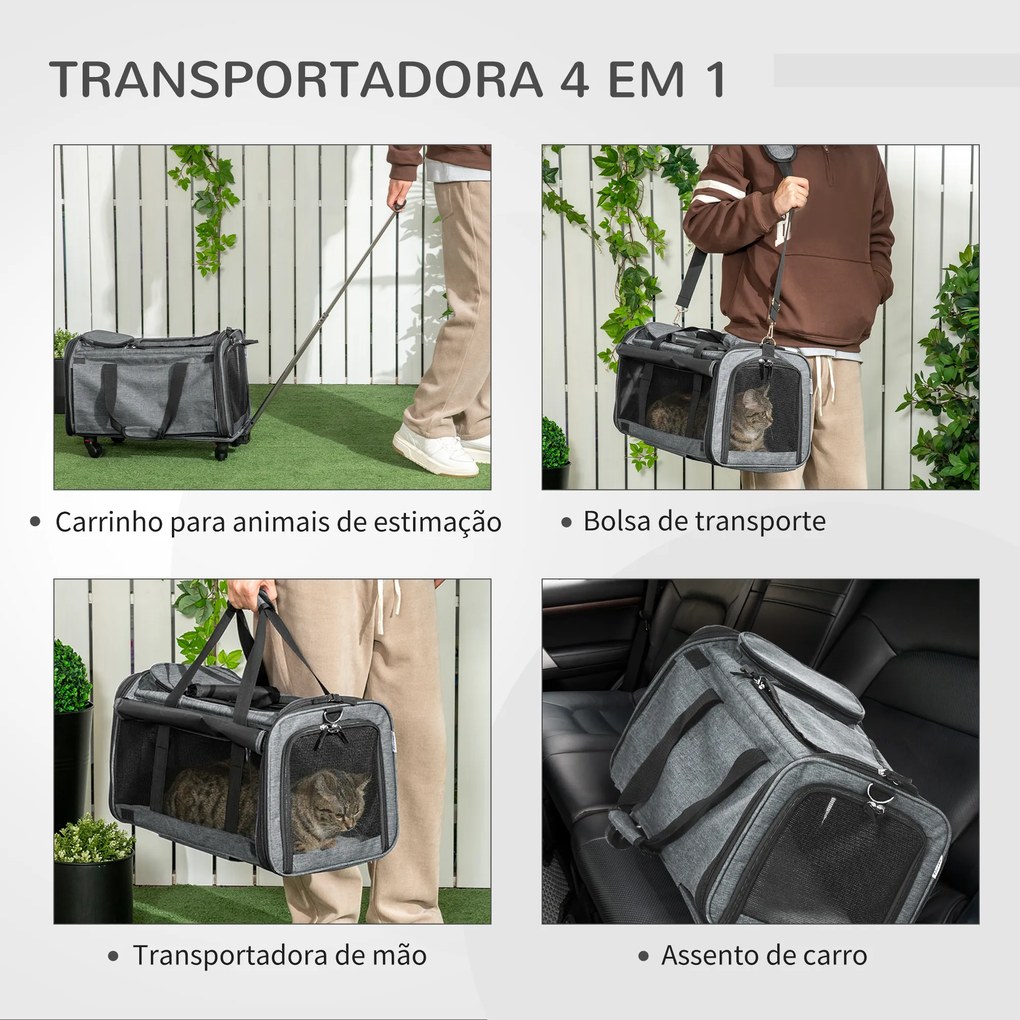 Transportadora para Animais de Estimação 4 em 1 com Rodas Bolsa de Transporte para Cães e Gatos 50x31x37 cm Cinza