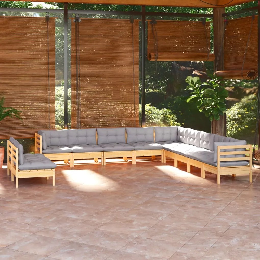 vidaXL 11pcs conjunto lounge de jardim + almofadões cinza pinho maciço