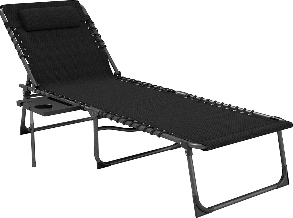Outsunny Espreguiçadeira Dobrável de Jardim com Encosto Ajustável Apoio de Cabeça Bolso Lateral Bandeja 190x60x31 cm Preto | Aosom Portugal