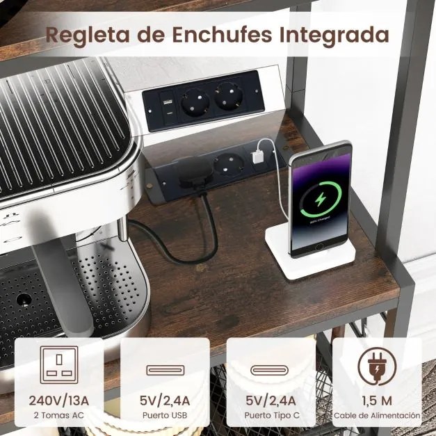 Garrafeira com tomada elétrica 75 x 33 x 165 cm, suportes para copos e chávenas, 3 prateleiras e 8 ganchos para cozinha, castanho