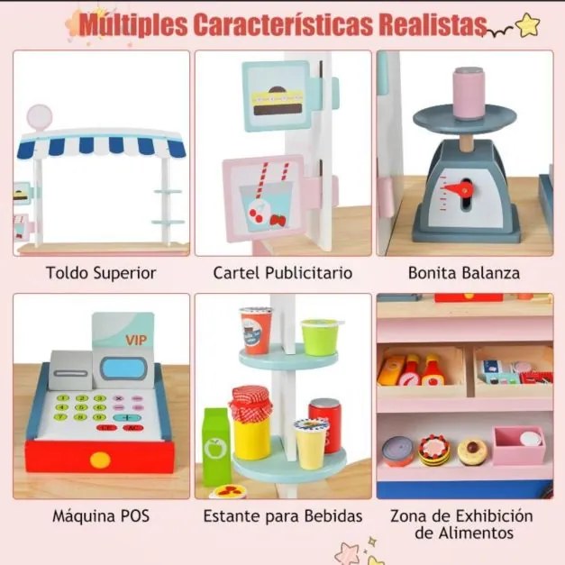 Carrinho brincar de comida e snacks para crianças 3+ anos com máquina POS Estante para bebidas Área de exposição Rodas