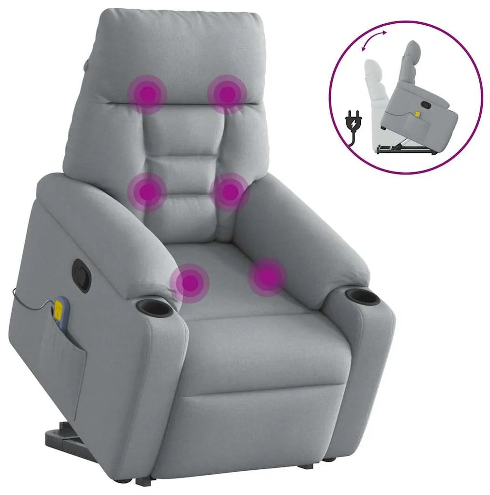 vidaXL Poltrona reclinável massagens tecido cinzento-claro