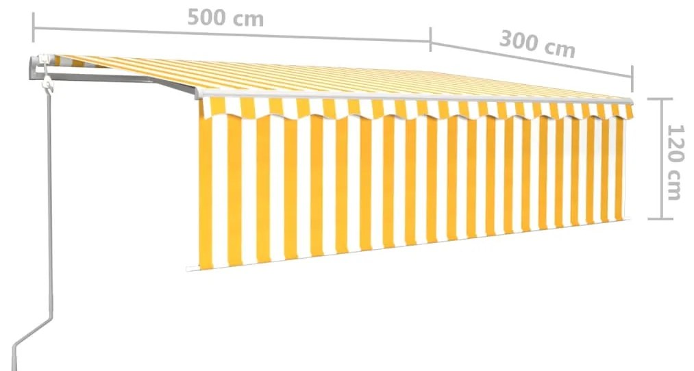 Toldo autom. c/ estore/LED/sensor de vento 5x3 m amarelo/branco