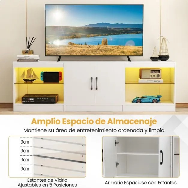 Móvel para TV até 85" com 195 x 30 x 55 cm de 3 em 1 com luzes LED e prateleiras de vidro ajustáveis branco