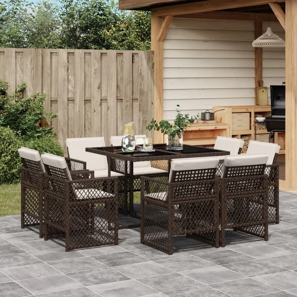 9 pcs conjunto jantar p/ jardim c/ almofadões vime PE castanho