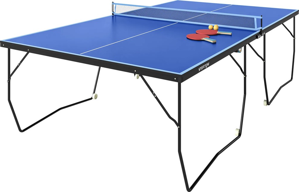 SPORTNOW Mesa de pingue-pongue, dobrável, 8 rodas, estrutura em aço com revestimento em pó, MDF, 274 x 152,5 x 76 cm, Azul | Aosom Portugal