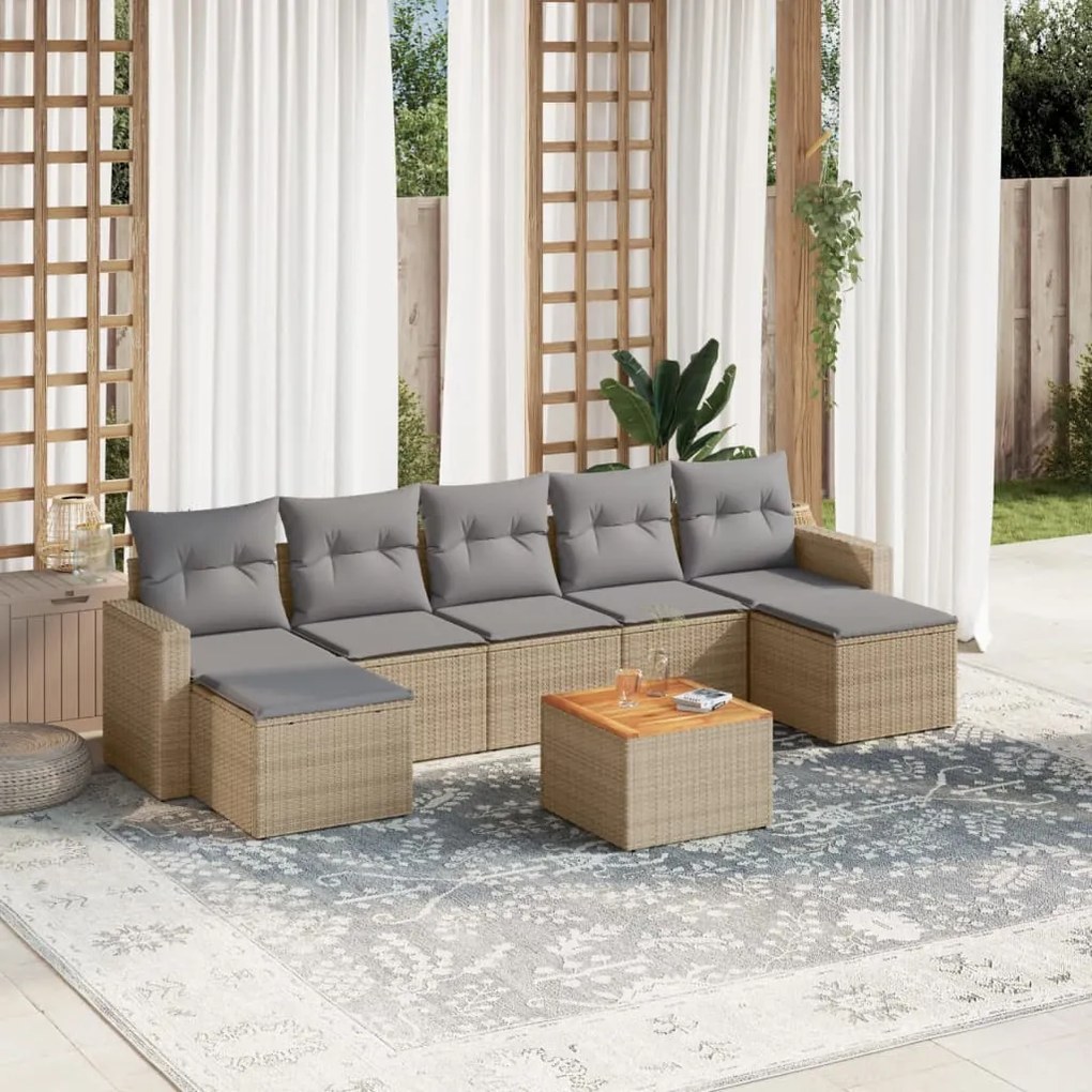 8 pcs conj. sofás jardim c/ almofadões vime PE bege misturado