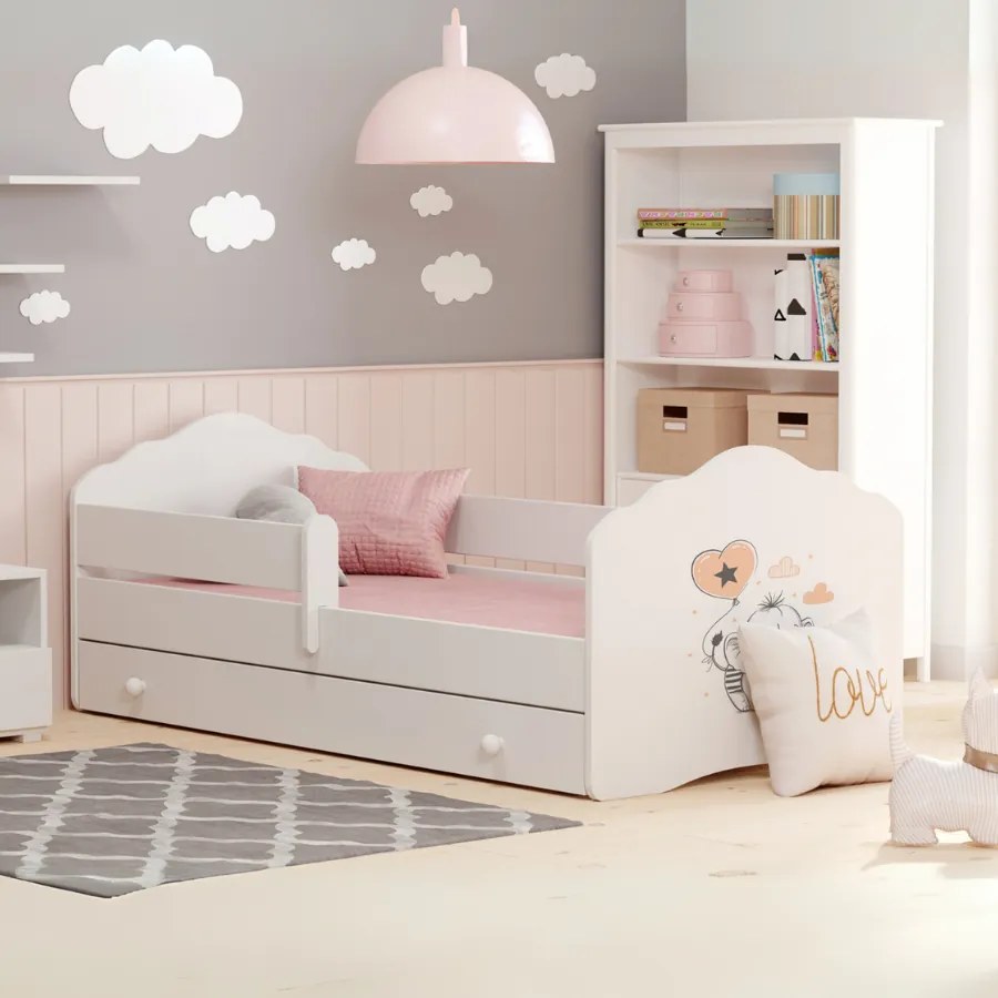Cama infantil Wave elefante 140x70 com gaveta branca - colchão e estrado incluído
