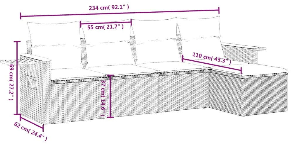 5 pcs conjunto sofás de jardim c/ almofadões vime PE cinzento