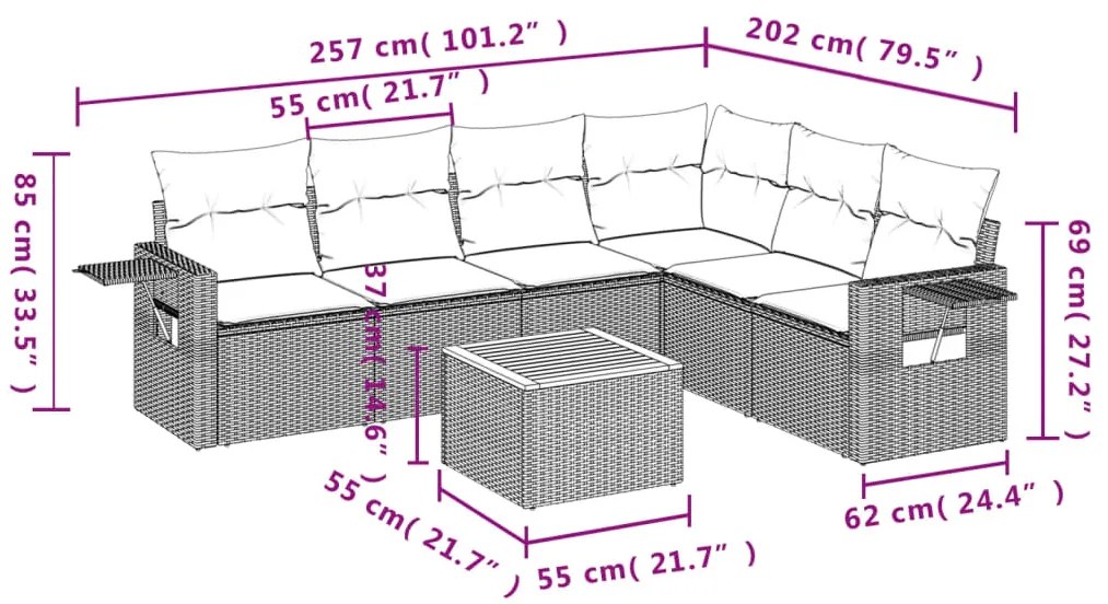 7 pcs conjunto de sofás p/ jardim com almofadões vime PE bege