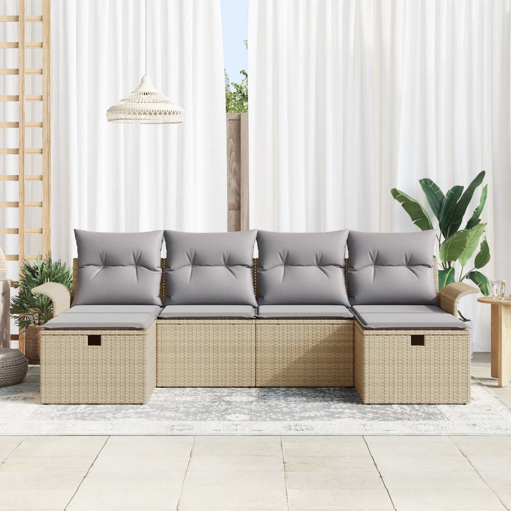 Conjunto de Sofá de Jardim 6 Peças com Almofadas Bege Rattan Poliéster