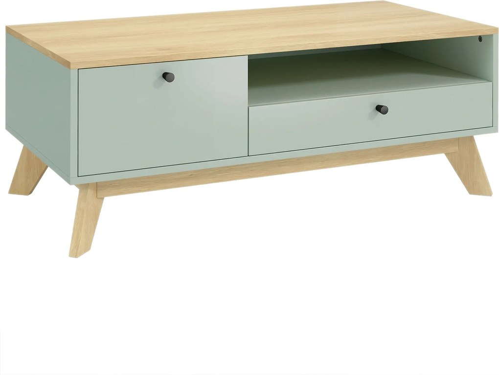 HOMCOM Mesa de centro para sala, mesa lateral retangular com gaveta, porta e compartimento aberto, verde claro e carvalho | Aosom Portugal