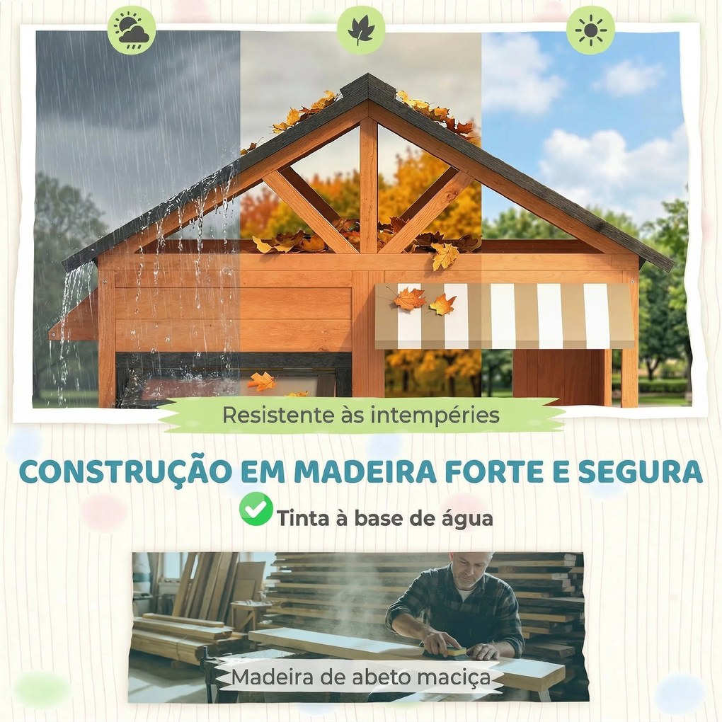Casa Infantil em Madeira Casinha de Brincar com Cozinha de Brinquedo e Banco de Piquenique Casa de Jardim para Crianças de 3-8 Anos Castanho