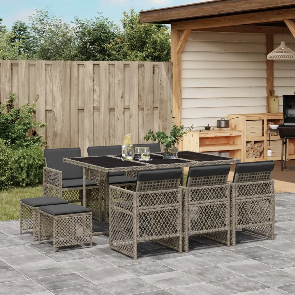 11 pcs conjunto jantar p/ jardim c/ almofadões vime PE cinzento