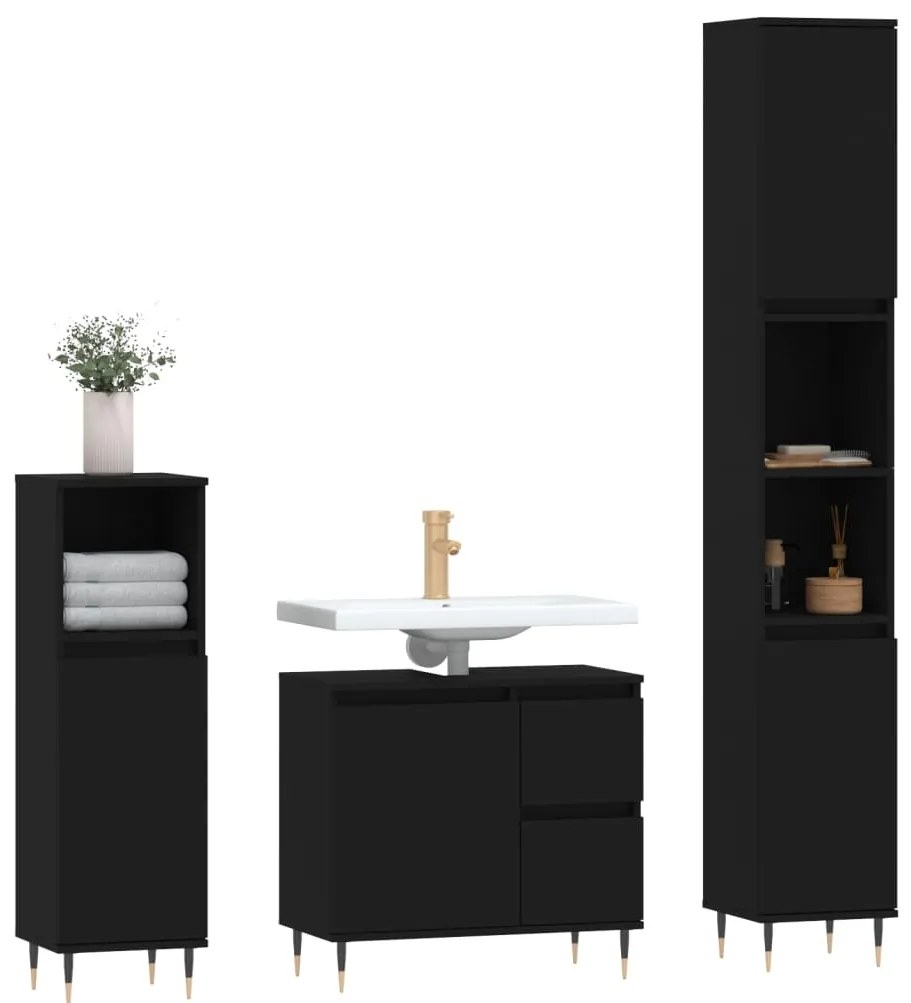 3 pcs conjunto móveis casa de banho derivados de madeira preto