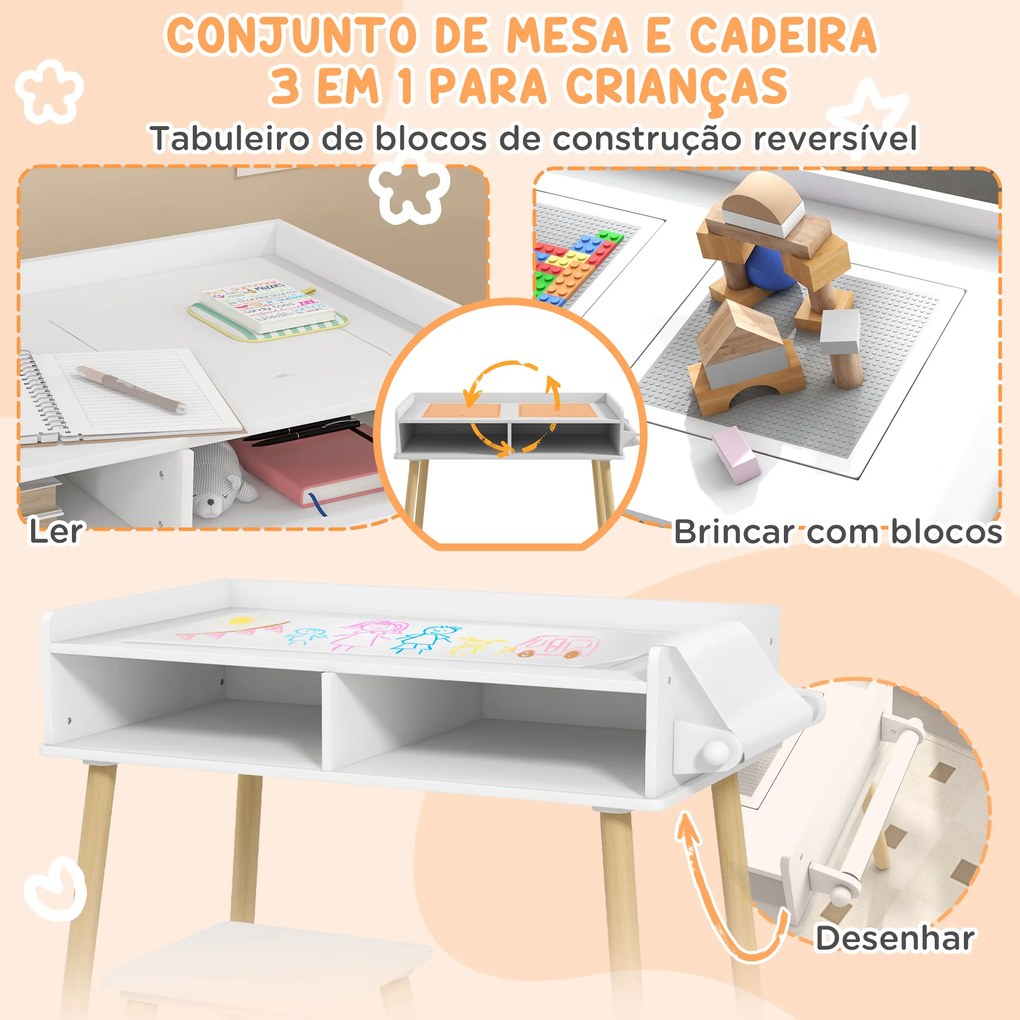 Conjunto de Mesa e Cadeira Infantil Mesa para Crianças com Bancada de Blocos de Construção e Rolo de Papel Branco