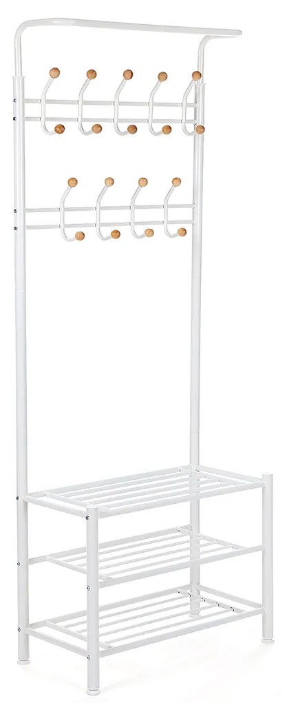 Cabideiro metálico para hall com ganchos e prateleiras | SONGMICS | 68.5 x 35.8 x 187 cm | branco | HSR04W.