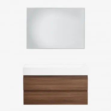 Conjunto De Móvel De Casa De Banho Suspenso Em Madeira E Folha De Freixo Com Lavatório Integrado Ona Led Retangular E Anti-embaciamento 100x70 Cm Ribe