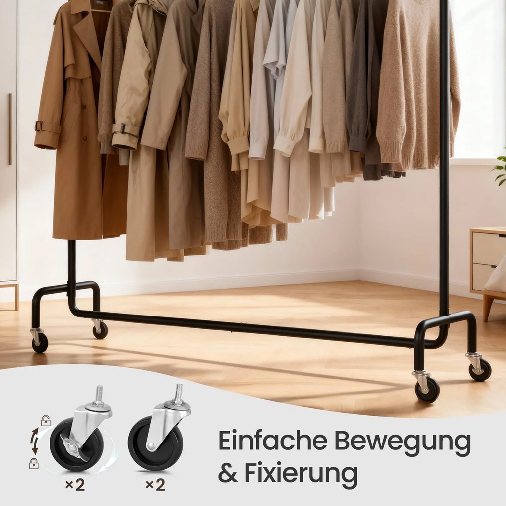 Cabide guarda roupa com rodas 45 x (160-200) x 162,9 cm, barra extensível, capacidade de carga até 110 kg preto