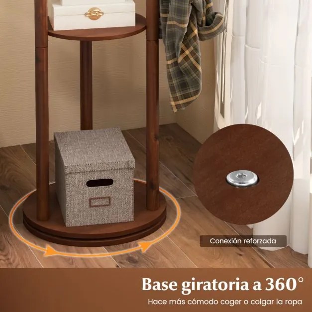 Cabide de madeira giratório de 167 cm para hall de entrada sala de estar com 3 Estantes 9 Ganchos para Casacos Bolsas Nogueira