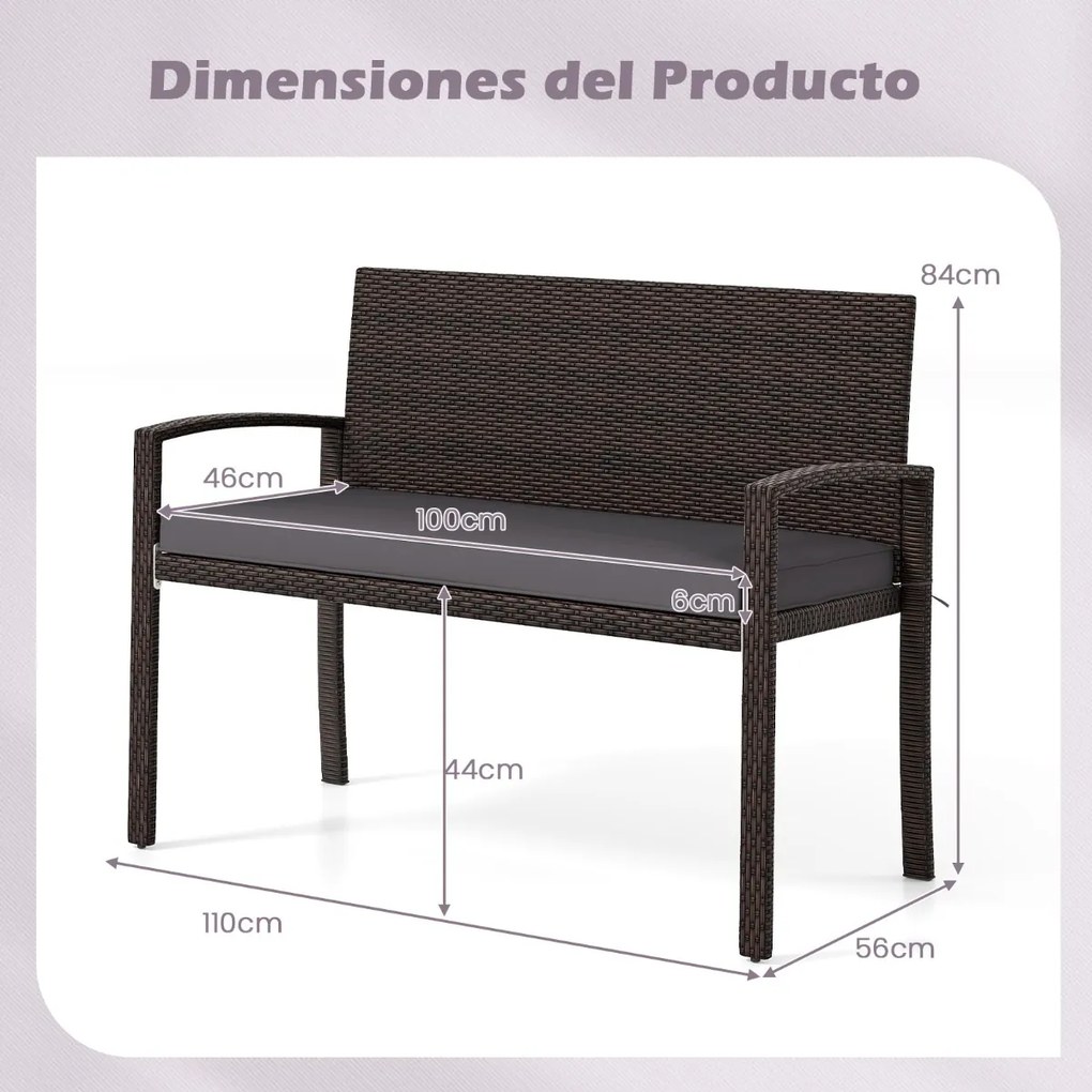 Banco jardim de vime para 2 pessoas 10 x 56 x 84 cm com almofada acolchoada, assento macio, encosto e apoios para os braços - castanho e cinzenta
