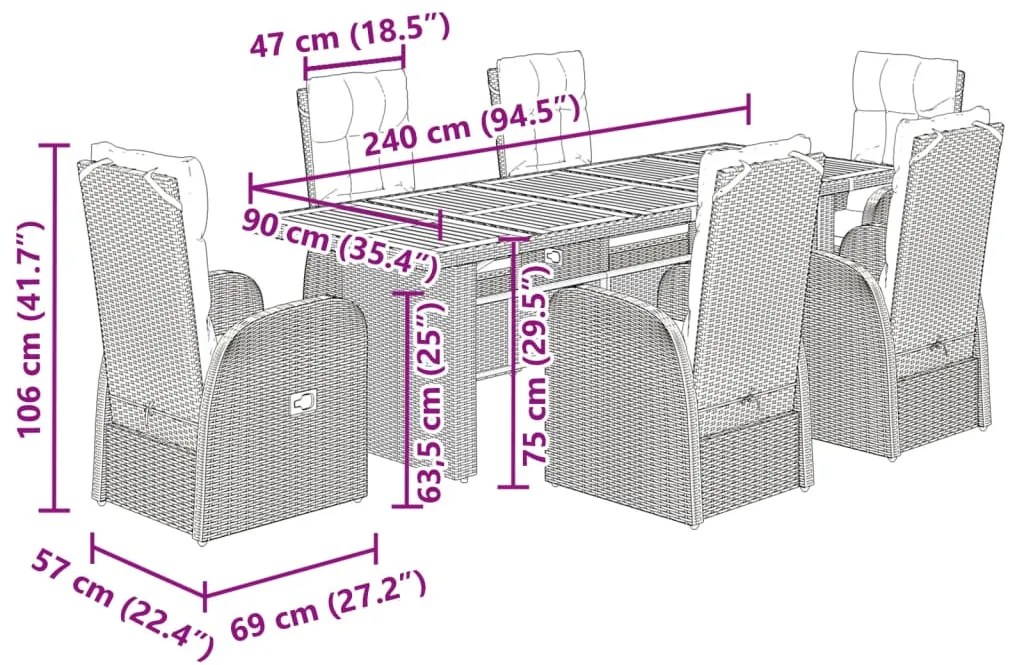7 pcs conjunto de jantar p/ jardim c/ almofadões vime PE preto