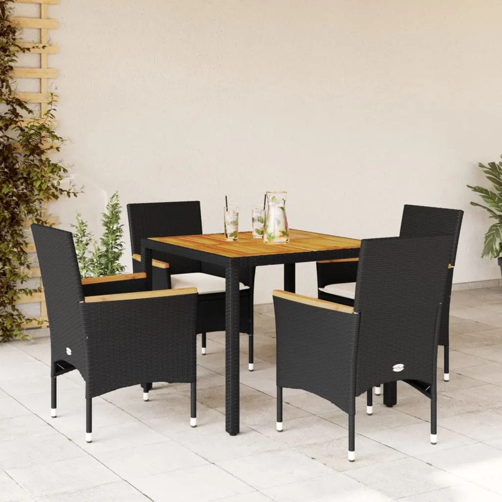 vidaXL 5 pcs conjunto jantar jardim c/ almofadões vime PE/acácia preto