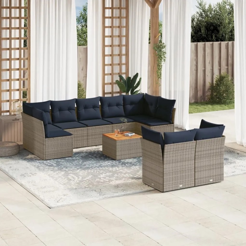 vidaXL 10 pcs conjunto sofás p/ jardim c/ almofadões vime PE cinzento