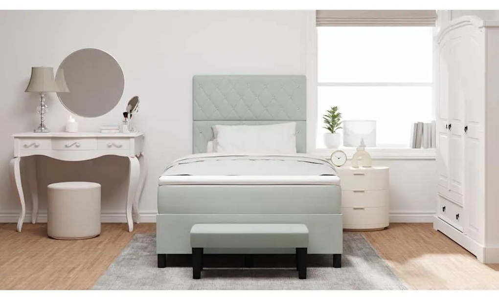 Cama Box Spring com Colchão e Banco Cinza Claro 120x200 cm Veludo