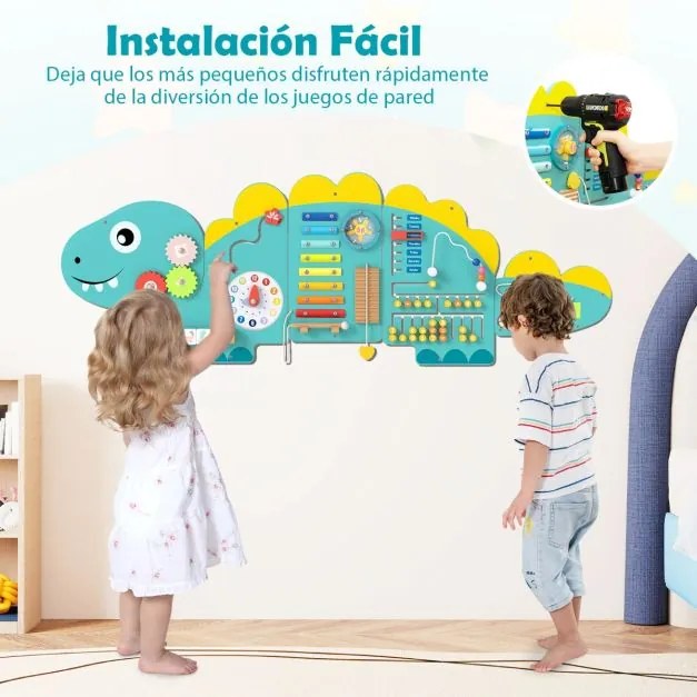 Painéis de atividades com dinossauros para crianças Quadro sensorial Montessori de madeira 11 em 1 para educação e desenvolvimento infantil Verde