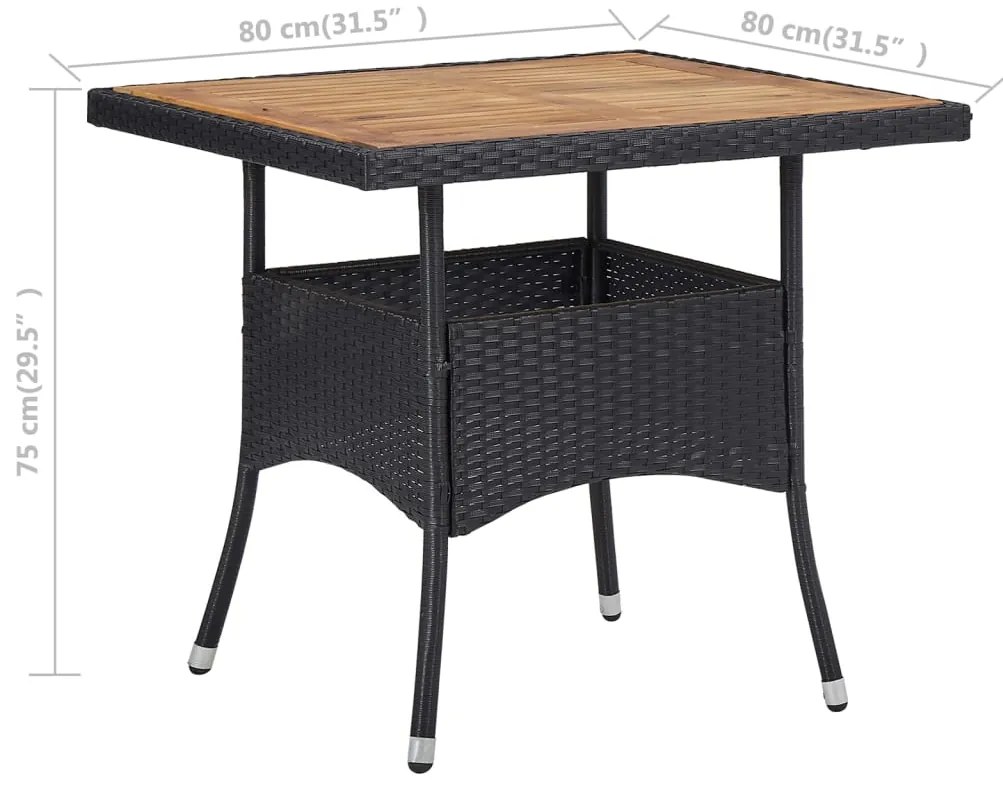 Mesa de jantar p/ exterior vime PE/madeira acácia maciça preto