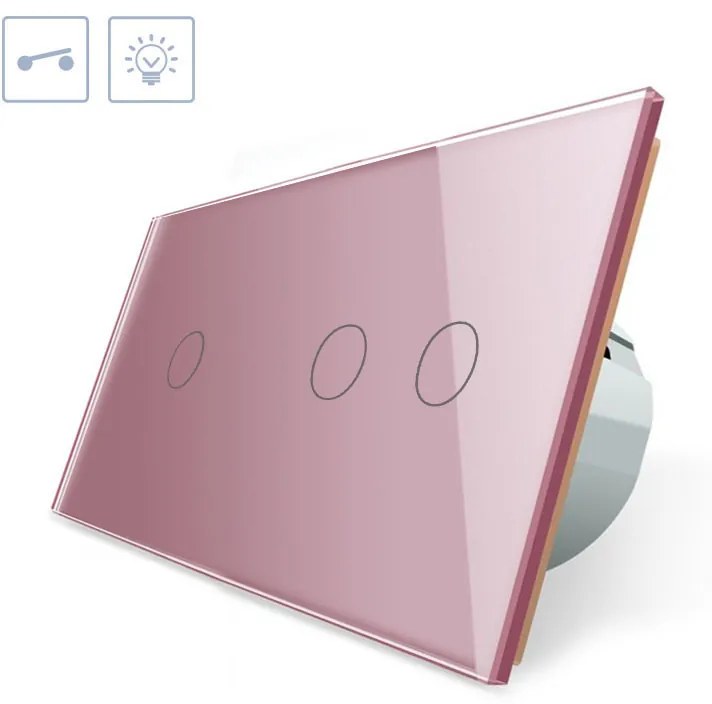 Interruptor tátil 2 módulos e 3 botões, Painel frente rosa vidro temperado