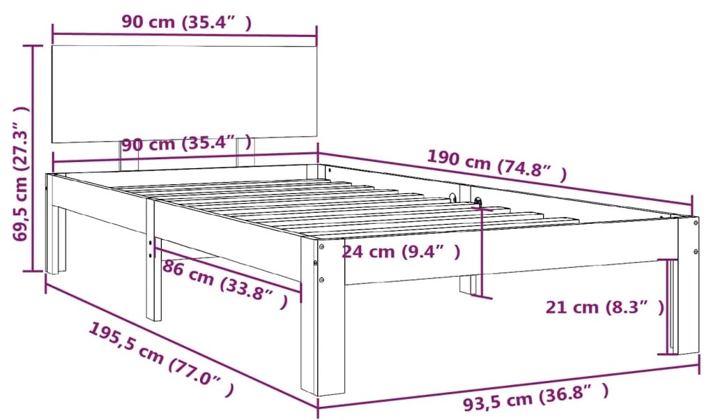 Estrutura de cama solteiro 90x190 cm madeira maciça