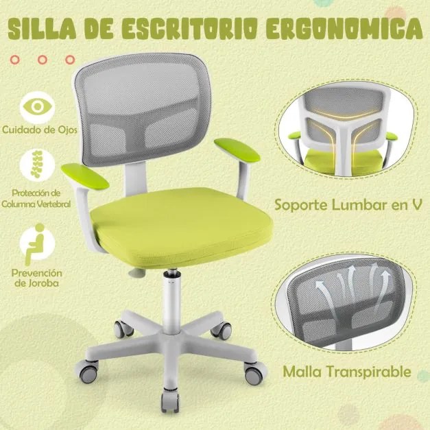 Cadeira de secretária ergonómica para crianças com rodas Cadeira giratória para computador Apoio lombar ajustável em altura Verde