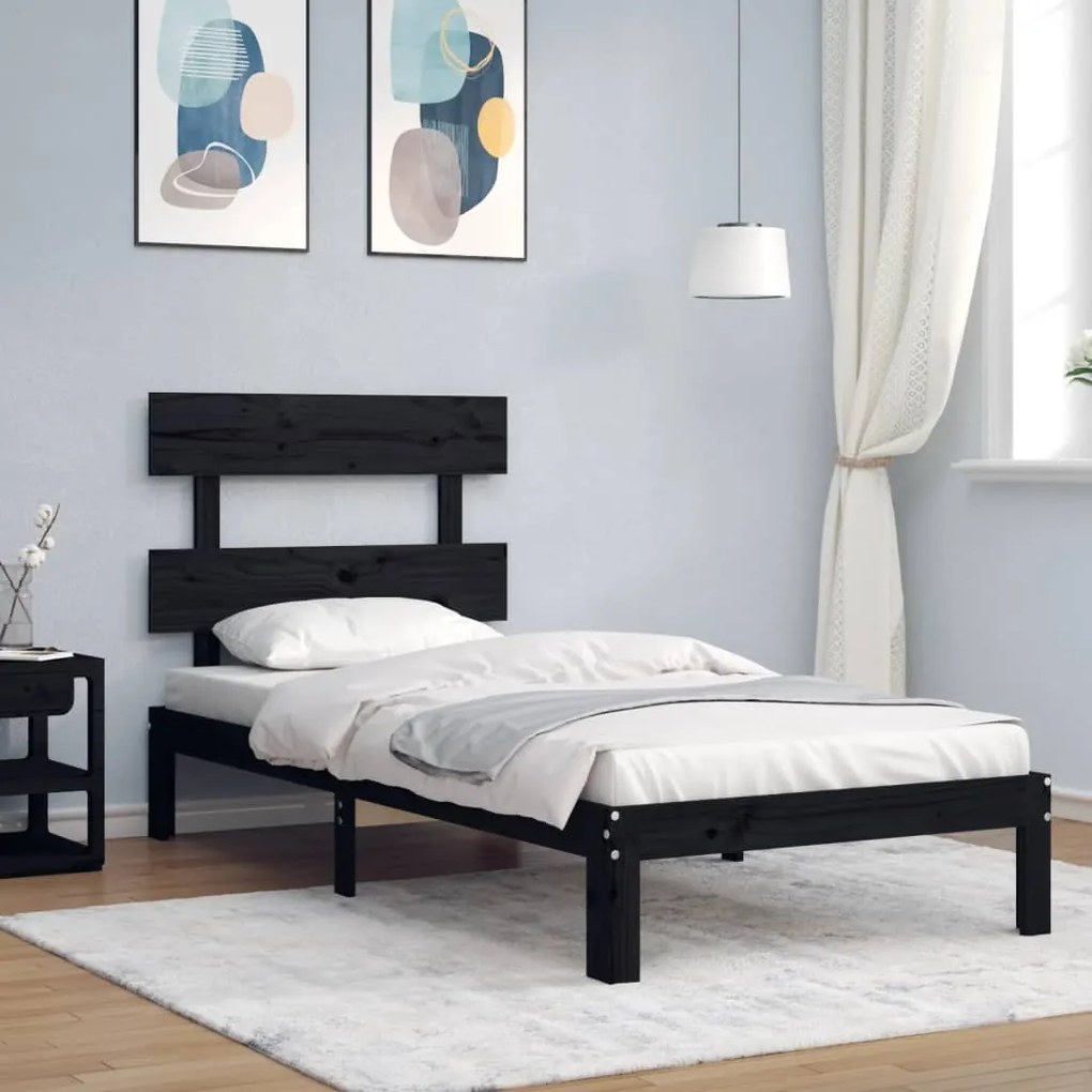 vidaXL Estrutura de cama com cabeceira 100x200 cm madeira maciça preto