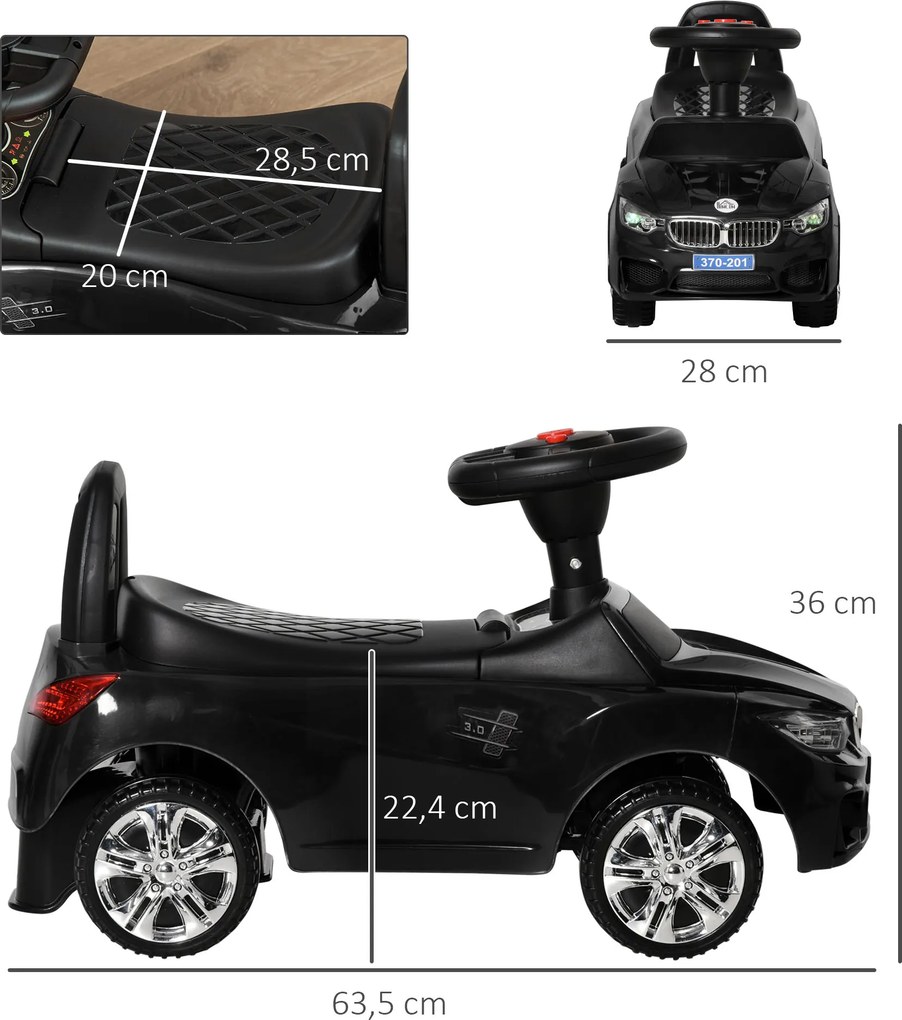 Carro Andador para Crianças com Faróis Música Buzina Volante Compartimento de Armazenamento 63,5x28x36 cm Preto