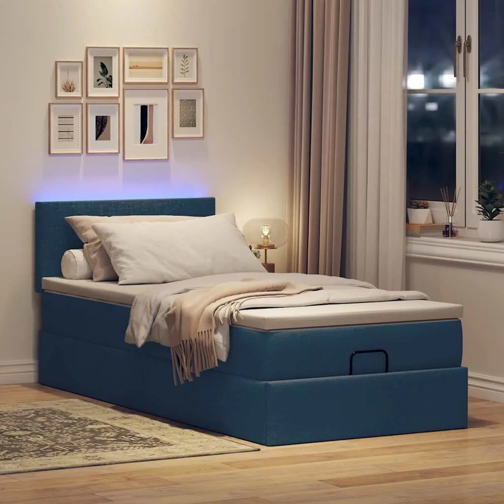 Cama Otomana com Colchão &amp; LEDs Tecido Azul 100x200 cm