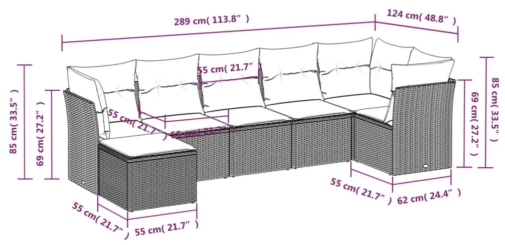7 pcs conjunto de sofás p/ jardim com almofadões vime PE bege