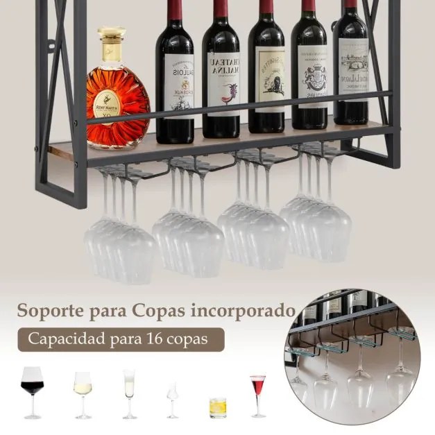 Garrafeira metálica industrial de parede para vinhos 3 níveis 4 suportes para copos Estante para garrafas para bar cozinha 80 x 20 x 63 cm Castanho